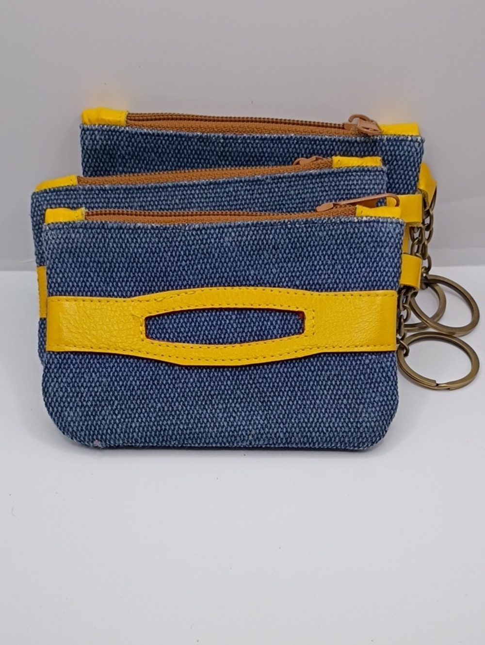 Yellow Accent Navy Canvas Coin Pouch Set - Women's Keyring Wallets